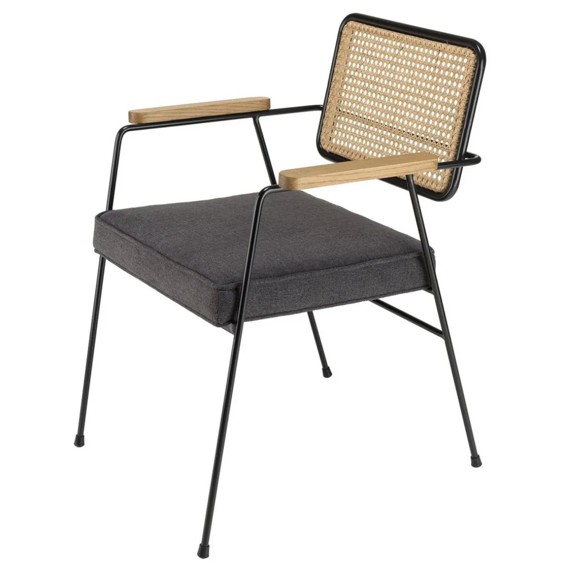 Fauteuil métal noir assise tissu gris foncé dossier rotin AGATHE