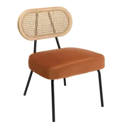 Fauteuil métal noir assise velours orange ambré dossier rotin
