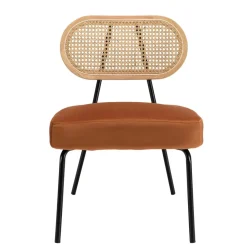 Fauteuil métal noir assise velours orange ambré dossier rotin