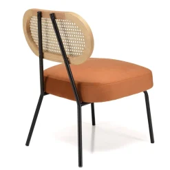 Fauteuil métal noir assise velours orange ambré dossier rotin