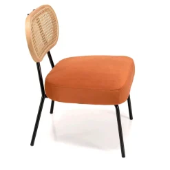 Fauteuil métal noir assise velours orange ambré dossier rotin