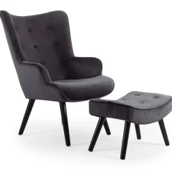 Fauteuil scandinave + pouf Velours Noir