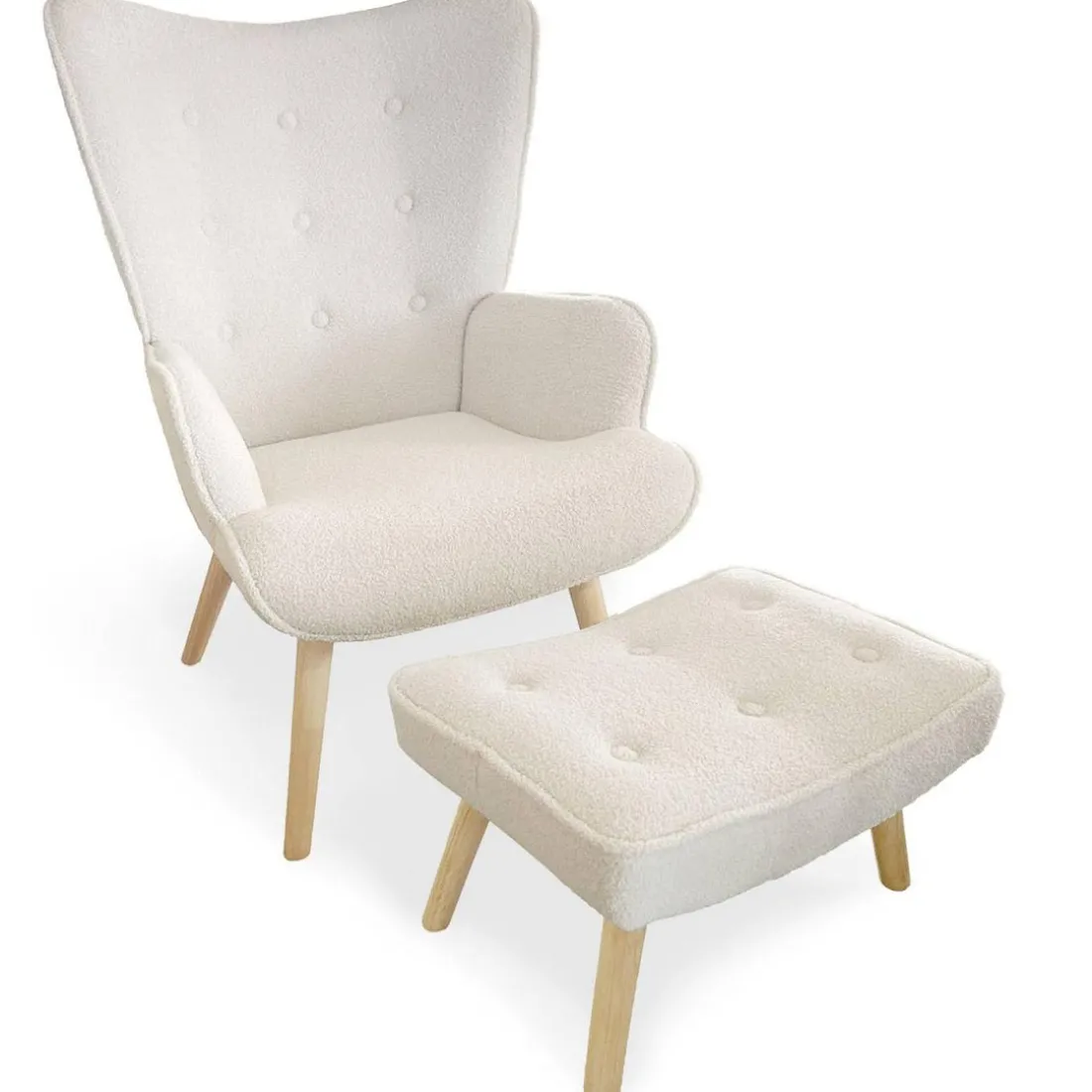 Fauteuil scandinave + pouf Lylou Tissu bouclette lainée Crème