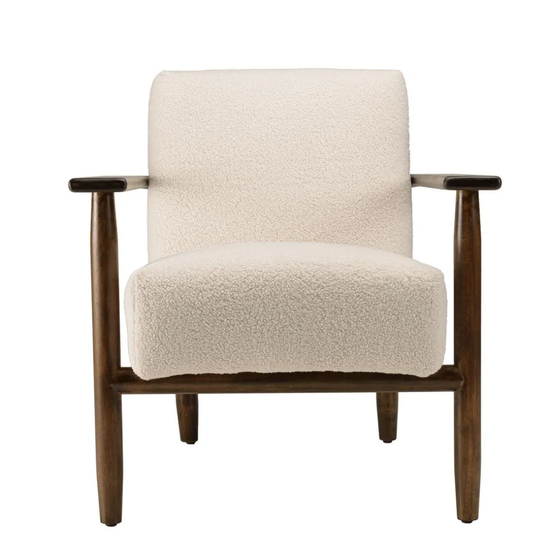Fauteuil tissu bouclette écru structure et accoudoirs en bois GASTON