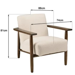 Fauteuil tissu bouclette écru structure et accoudoirs en bois GASTON