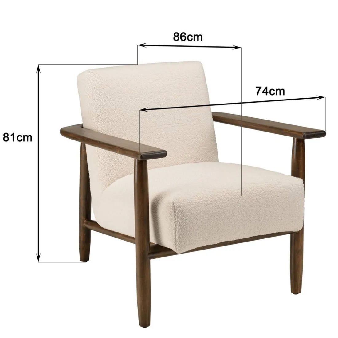 Fauteuil tissu bouclette écru structure et accoudoirs en bois GASTON
