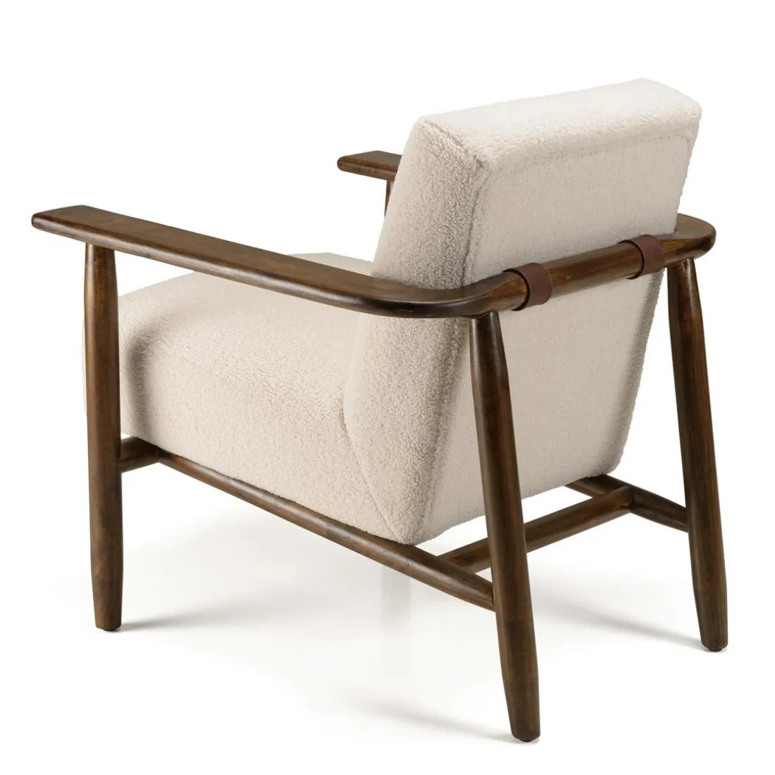 Fauteuil tissu bouclette écru structure et accoudoirs en bois GASTON