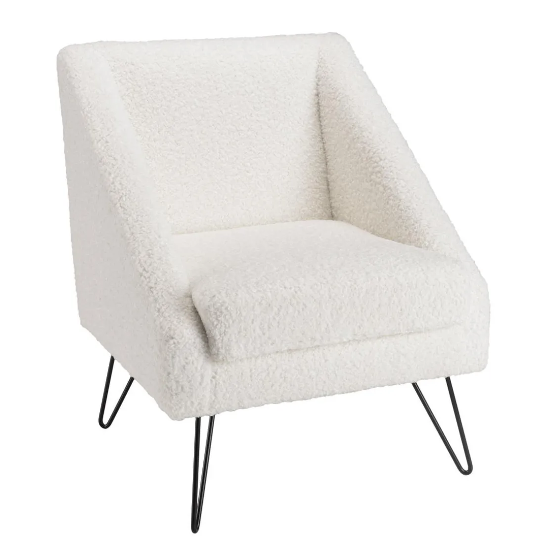 Fauteuil tissu bouclette blanc pieds épingles métal noir
