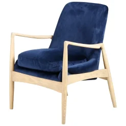 Fauteuil velours bleu foncé pieds frêne naturel