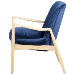 Fauteuil velours bleu foncé pieds frêne naturel