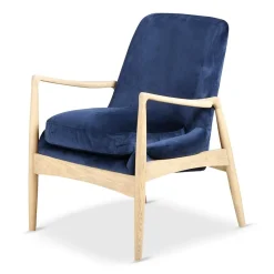 Fauteuil velours bleu foncé pieds frêne naturel