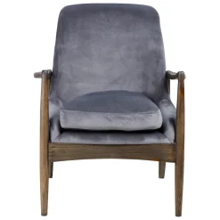Fauteuil velours gris pieds frêne brûlé