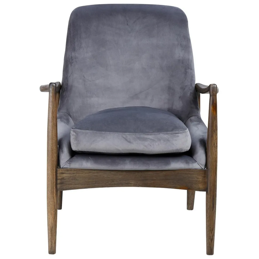Fauteuil velours gris pieds frêne brûlé
