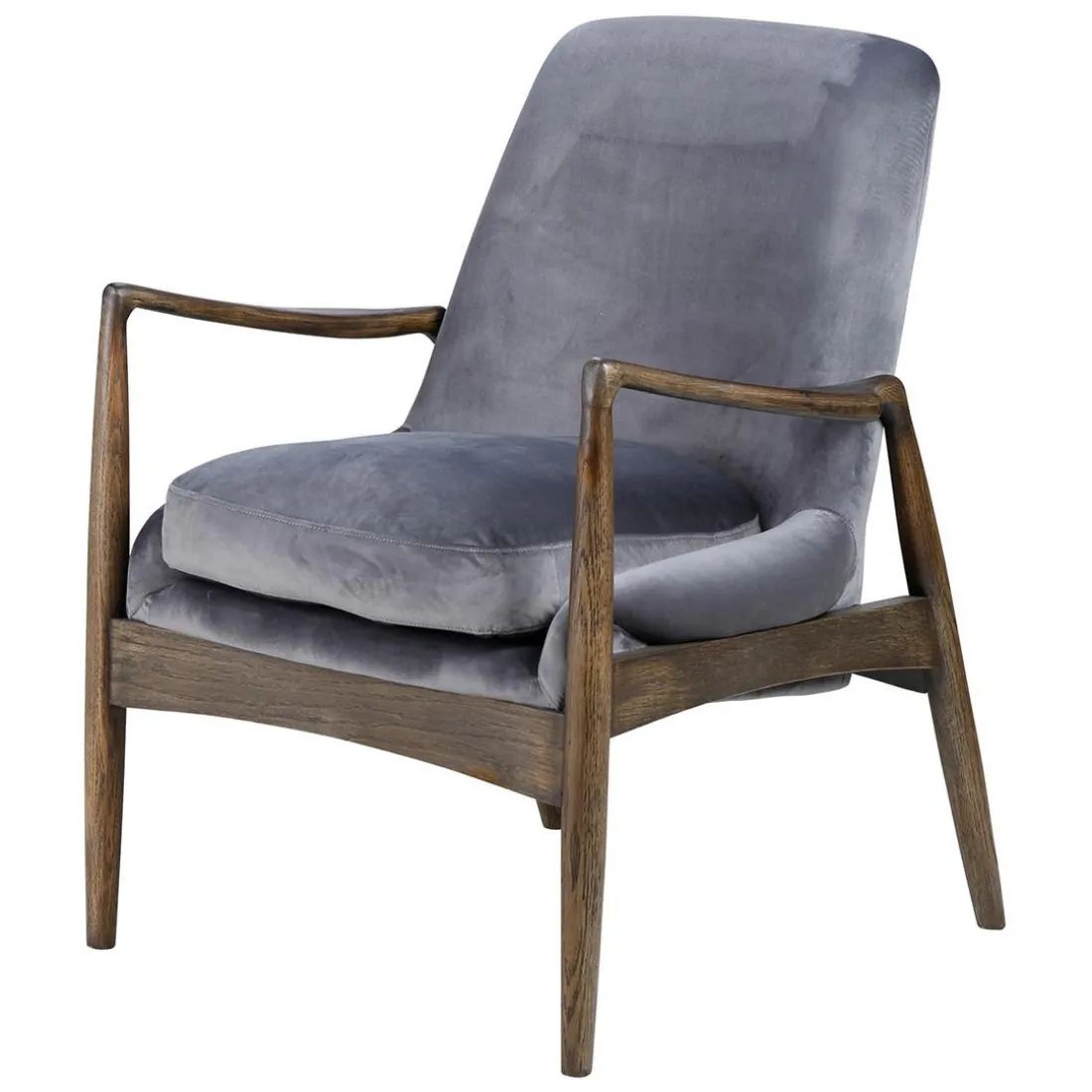 Fauteuil velours gris pieds frêne brûlé