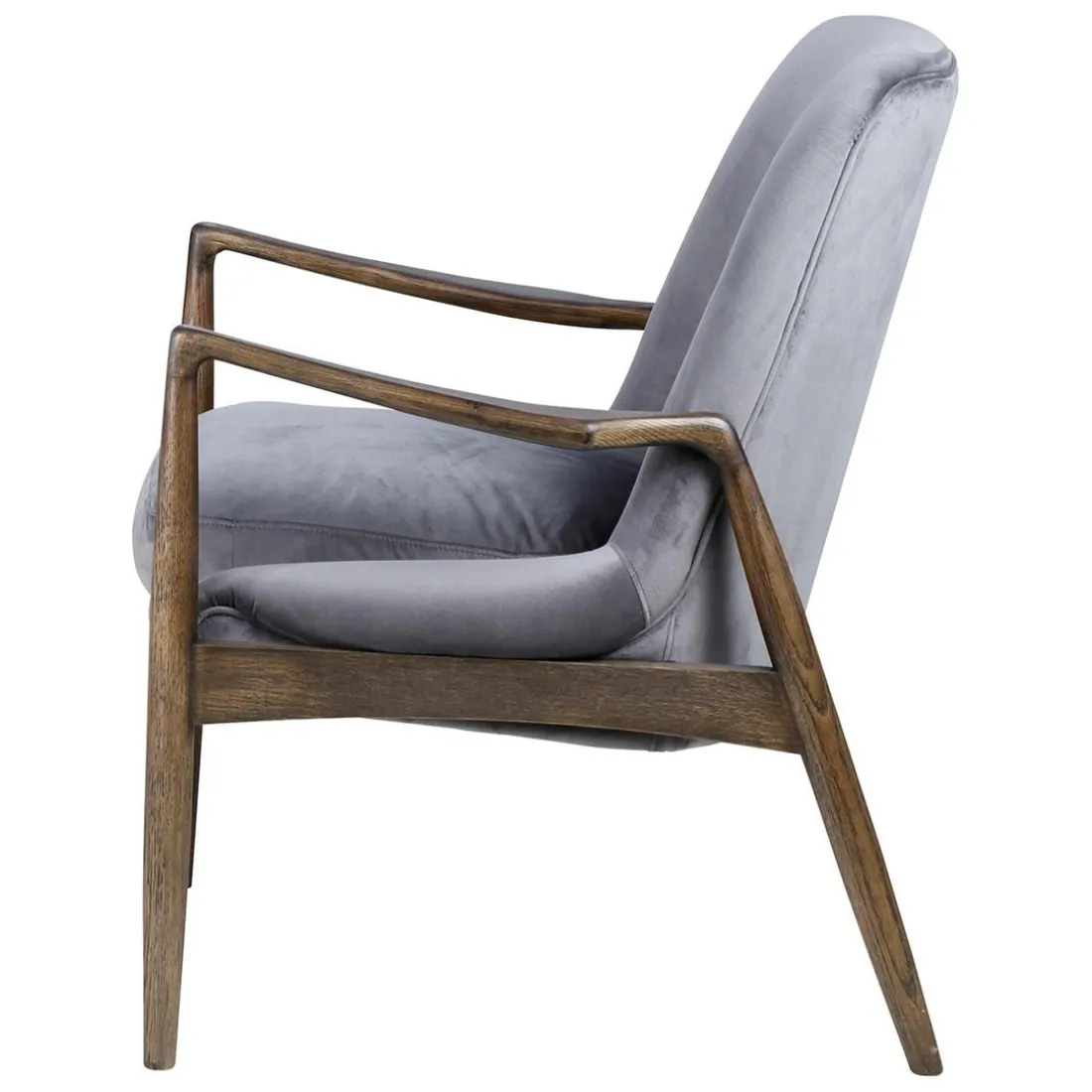 Fauteuil velours gris pieds frêne brûlé