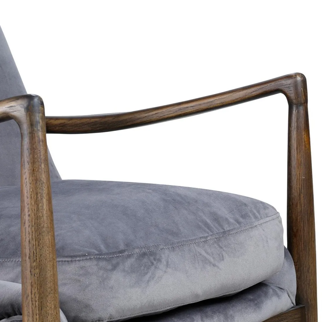 Fauteuil velours gris pieds frêne brûlé