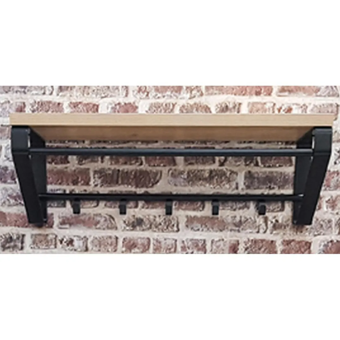 Garderobe murale avec plateau en MDF décor chêne et 5 crochets et 1 tringle en Métal laqué Noir