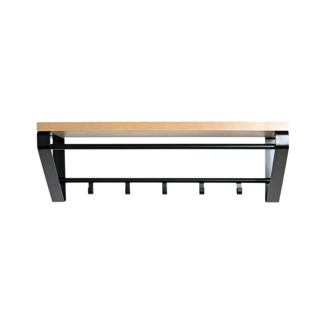 Garderobe murale avec plateau en MDF décor chêne et 5 crochets et 1 tringle en Métal laqué Noir