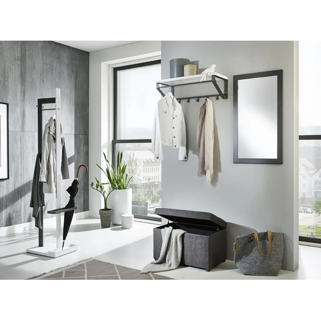 Garderobe murale avec étagère en MDF décor blanc et 5 crochets et 1 tringle en métal laqué Gris anthracite