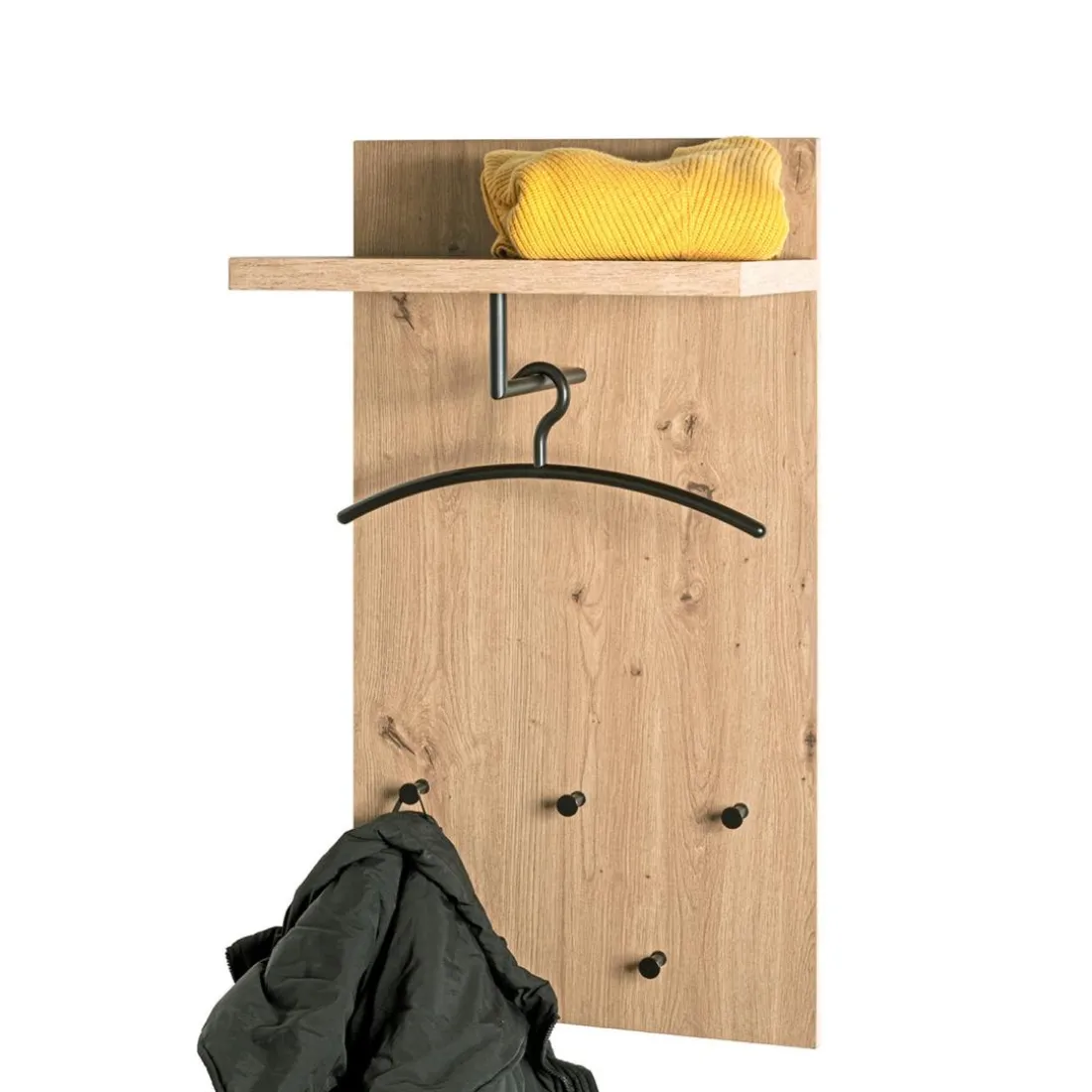 Garderobe murale avec étagère décor cintre et boutons en métal noir