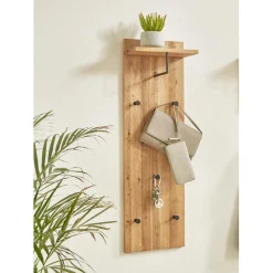 garderobe murale chêne et métal noir - 5 crochets et étagère