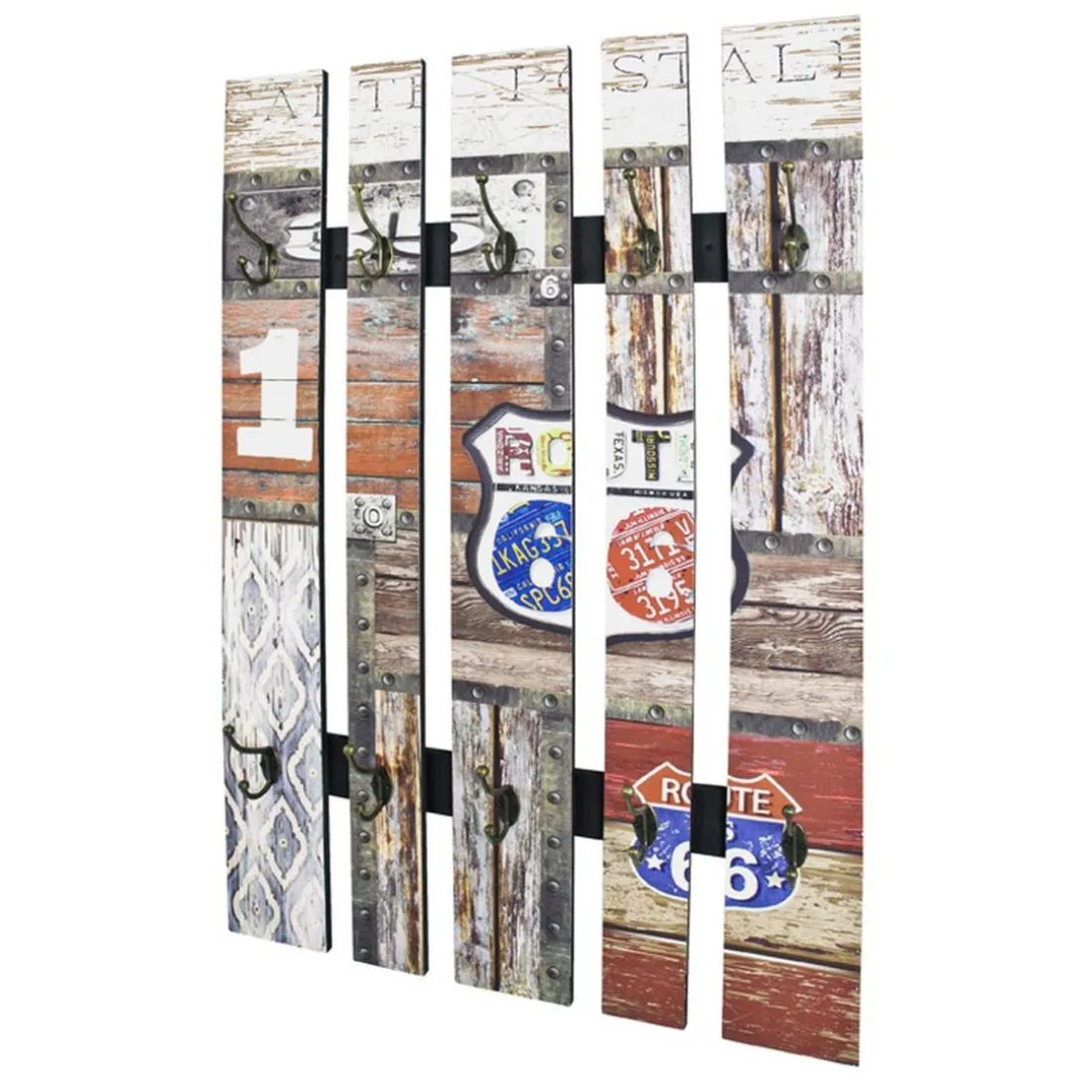 garderobe murale effet bois vintage 10 crochets ROUTE 66