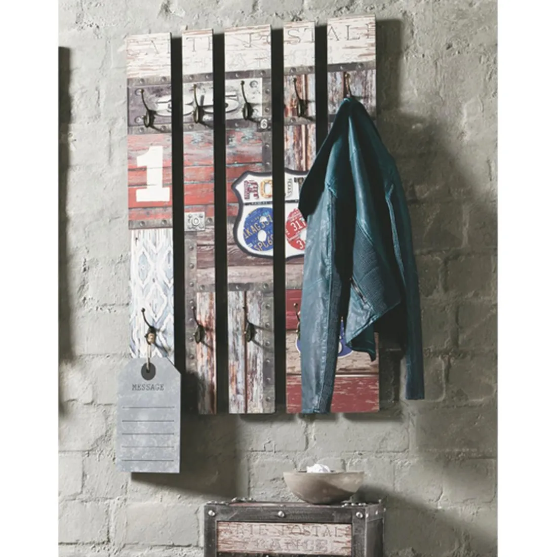 garderobe murale effet bois vintage 10 crochets ROUTE 66