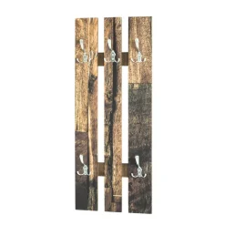 Garderobe murale en bois décor parquet avec 5 crochets en métal optique inox