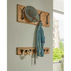 Garderobe murale en bois et 4 crochets en métal noir