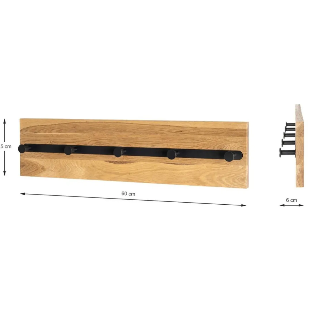 Garderobe murale en bois 5 crochets en métal noirs