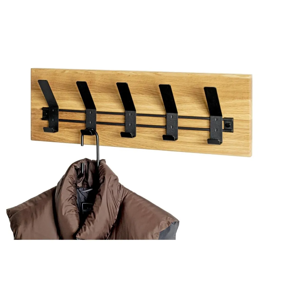 Garderobe murale en bois avec 5 crochets métal noir