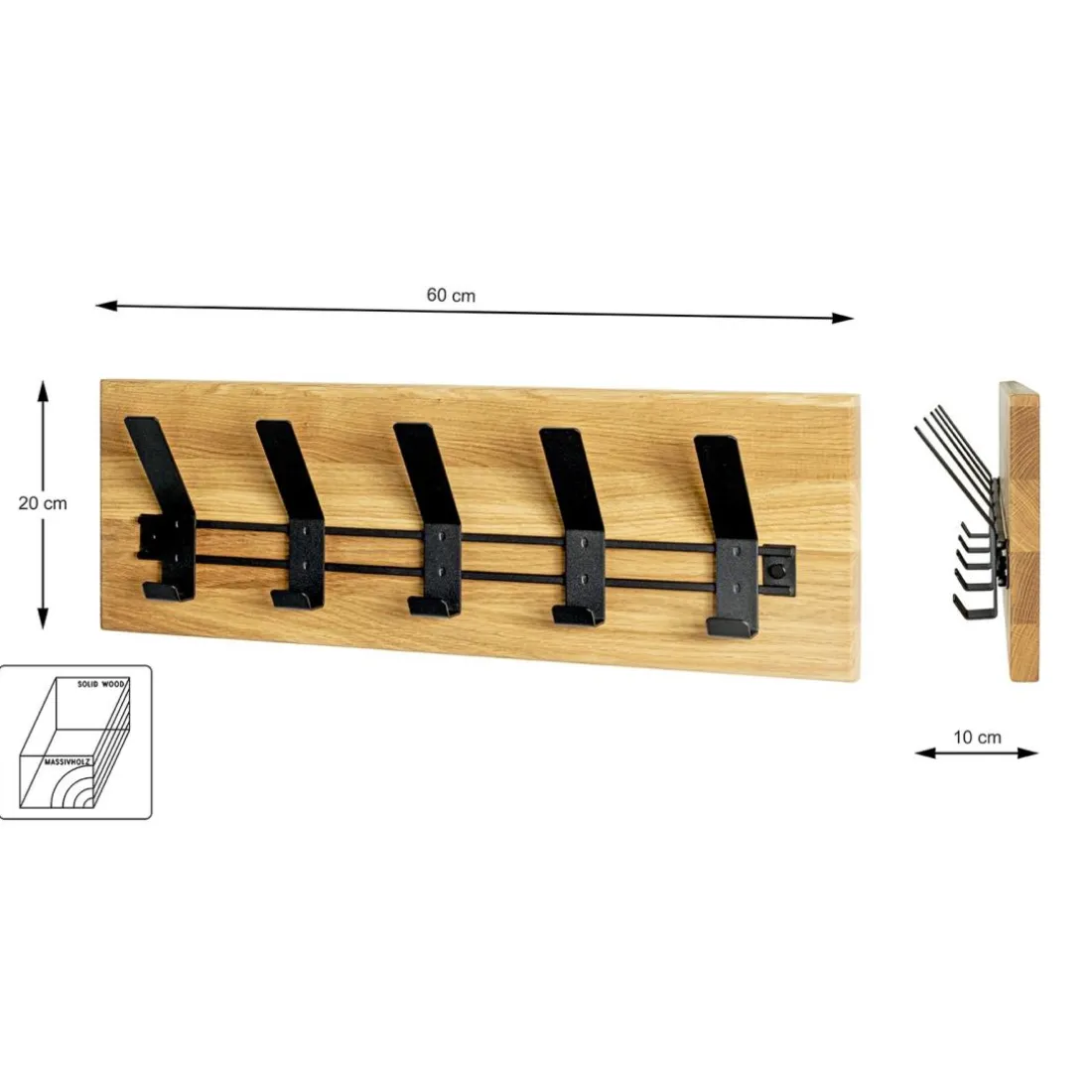 Garderobe murale en bois avec 5 crochets métal noir