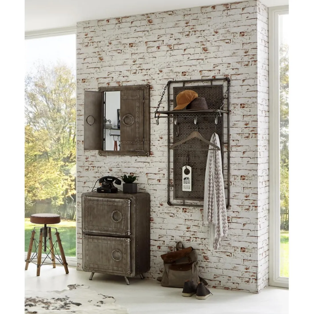 Garderobe murale en métal avec 9 crochets et rangement supplémentaire pliable anthracite
