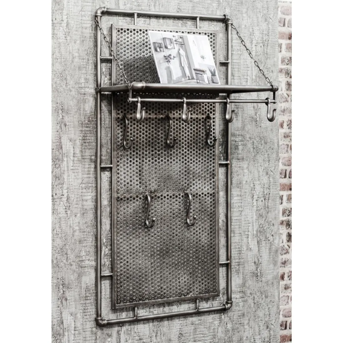 Garderobe murale en métal avec 9 crochets et rangement supplémentaire pliable anthracite