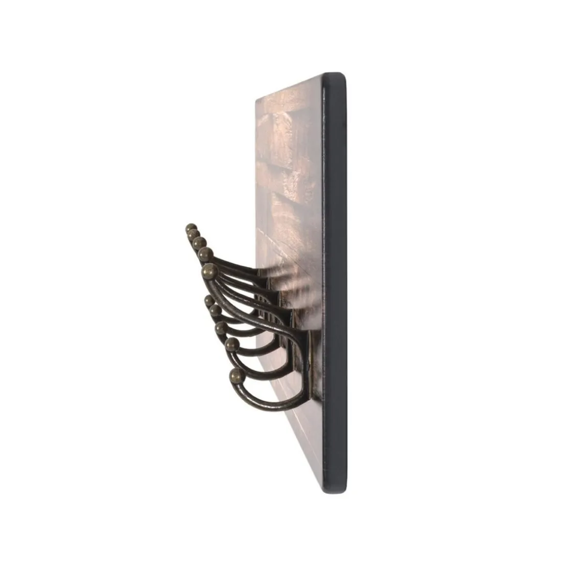 Garderobe murale MDF avec impression par Ultra Violet motif parquet Bronze et 5 crochets en Métal Noir