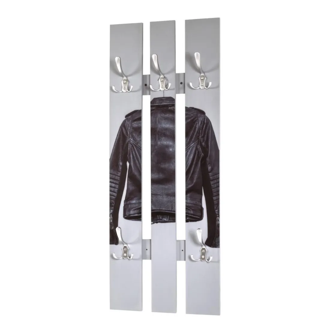 Garderobe murale MDF avec impression par Ultra Violet Blouson cuir et 5 crochets en métal optique inox