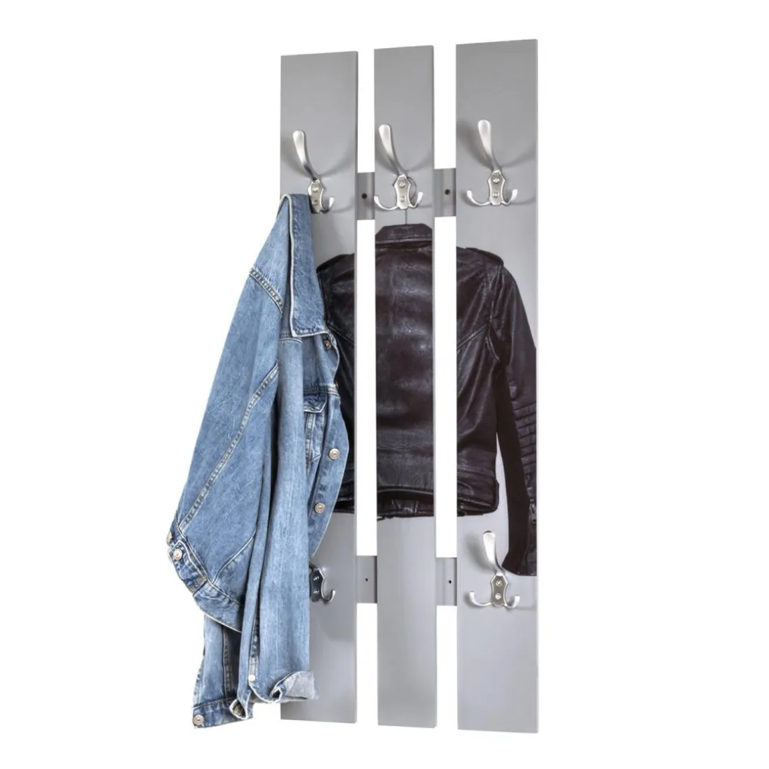 Garderobe murale MDF avec impression par Ultra Violet Blouson cuir et 5 crochets en métal optique inox