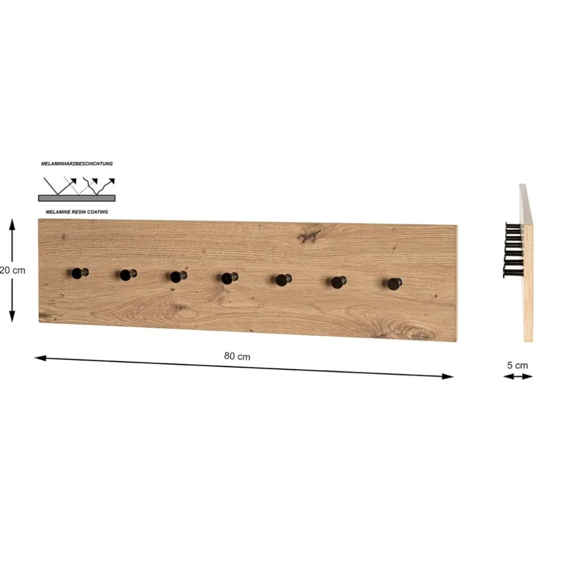 Garderobe murale métal et bois 7 crochets noirs