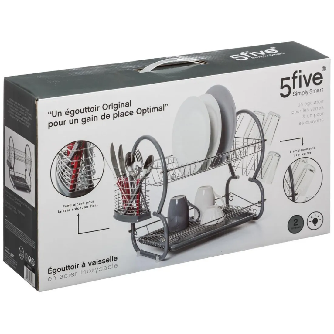 Égouttoir métal 2 niveaux avec plateau gris