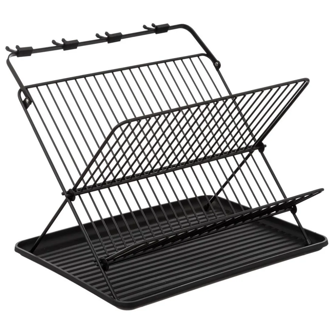 Égouttoir pliant 2 niveaux avec plateau en métal noir