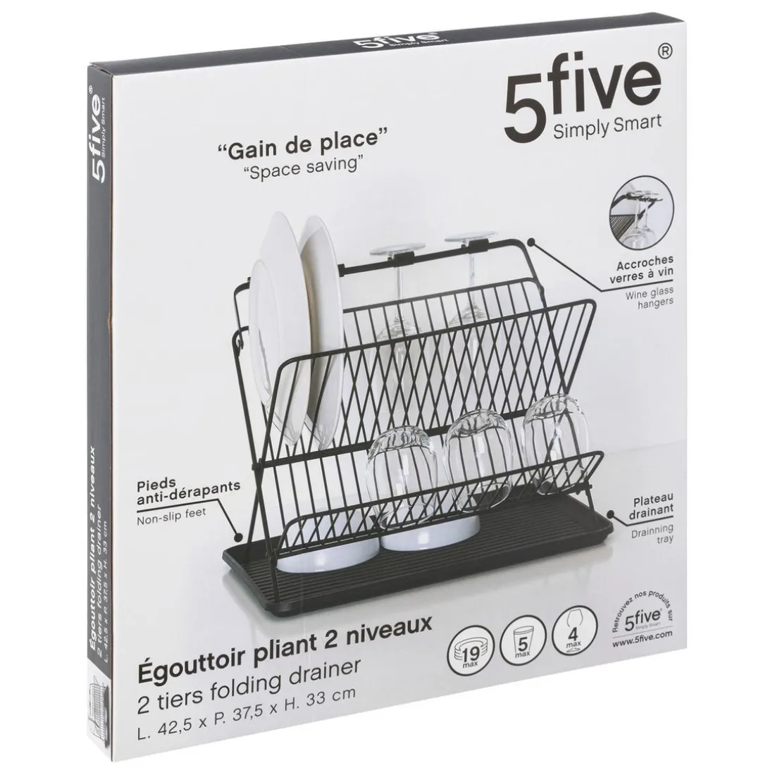 Égouttoir pliant 2 niveaux avec plateau en métal noir