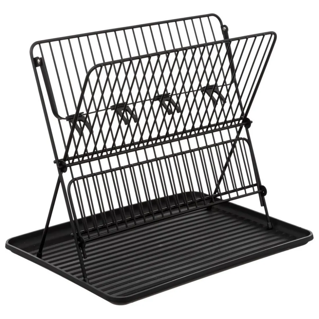 Égouttoir pliant 2 niveaux avec plateau en métal noir
