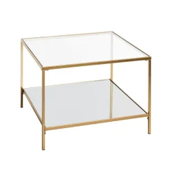 Grande table d'appoint carrée acier laqué d’or et plateaux miroir et verre trempé