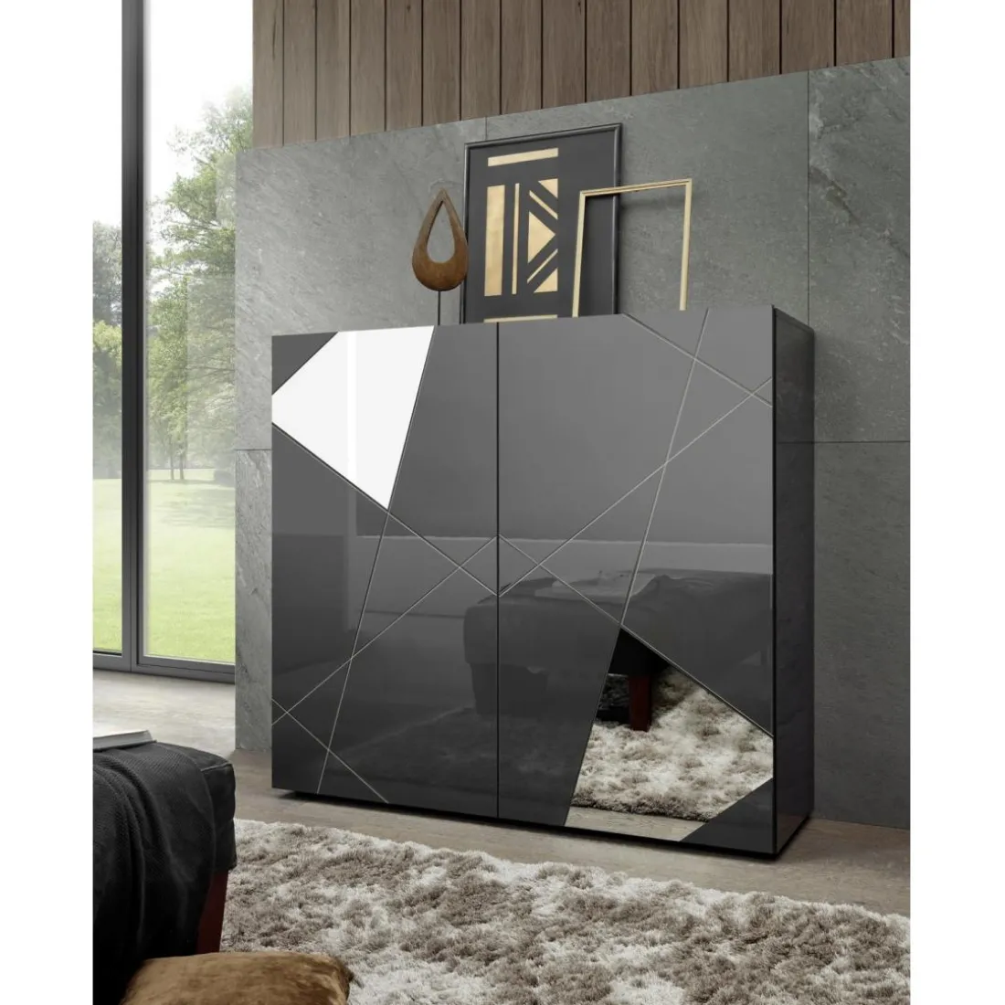 Highboard 2 portes gris laqué avec sérigraphie et miroir