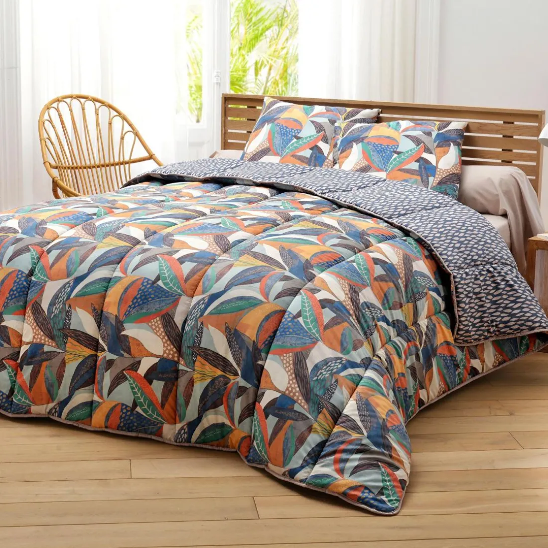 Housse de Couette DÉCO DOUBLE FACE motif feuillage - CO.NATURA- Légère vert 200G