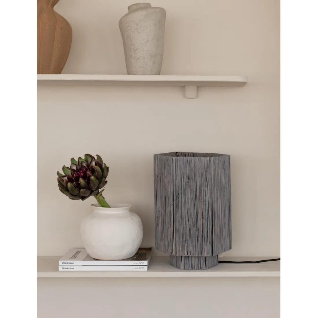 Lampe de table raphia Panama ronde octogonale gris