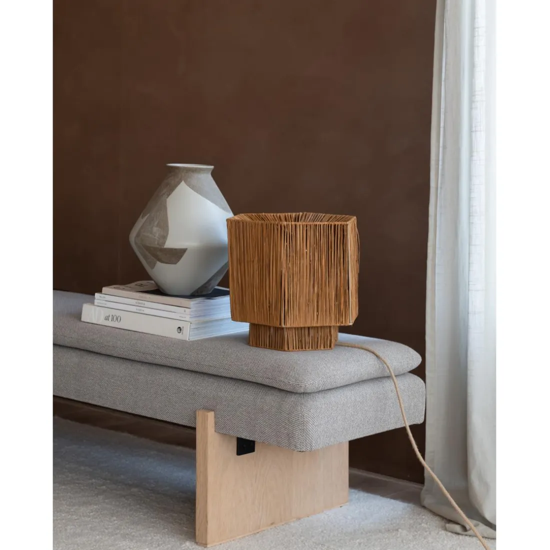 Lampe de table raphia Panama ronde-octogonale marron