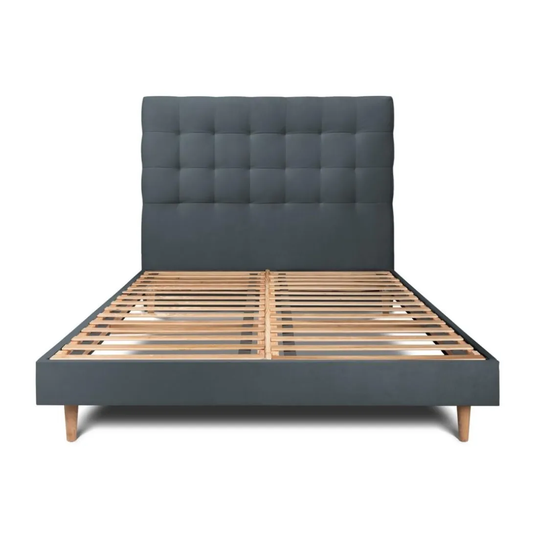 Lit avec tête de lit capitonnee velours et sommier kit gris anthracite
