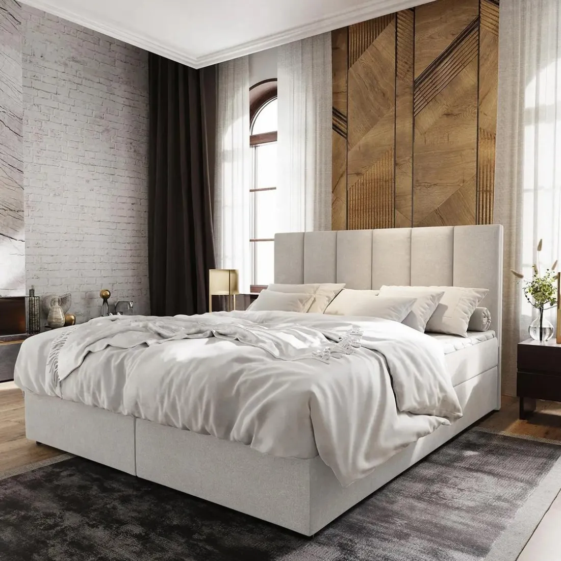 Lit boxspring avec matelas et sur-matelas inclus MERIL 140x200cm Tissu Beige