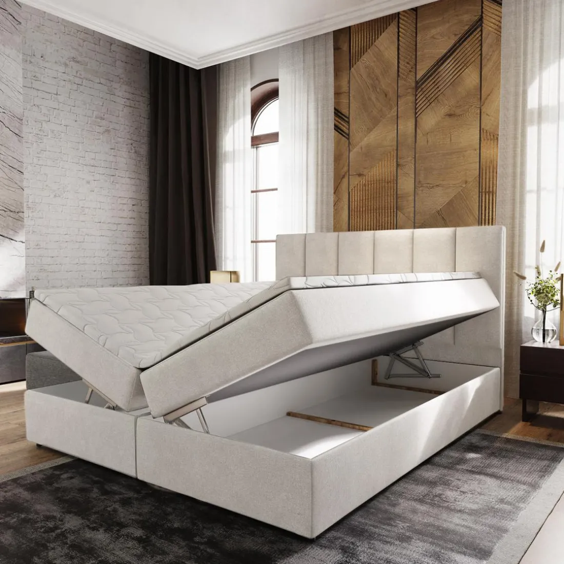 Lit boxspring avec matelas et sur-matelas inclus MERIL 180x220cm Tissu Beige